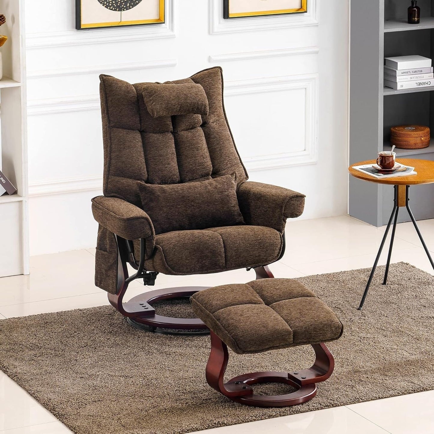 MCombo Set of 2 Swivel Recliner with Ottoman and Neck Pillow,Chenille Fabric