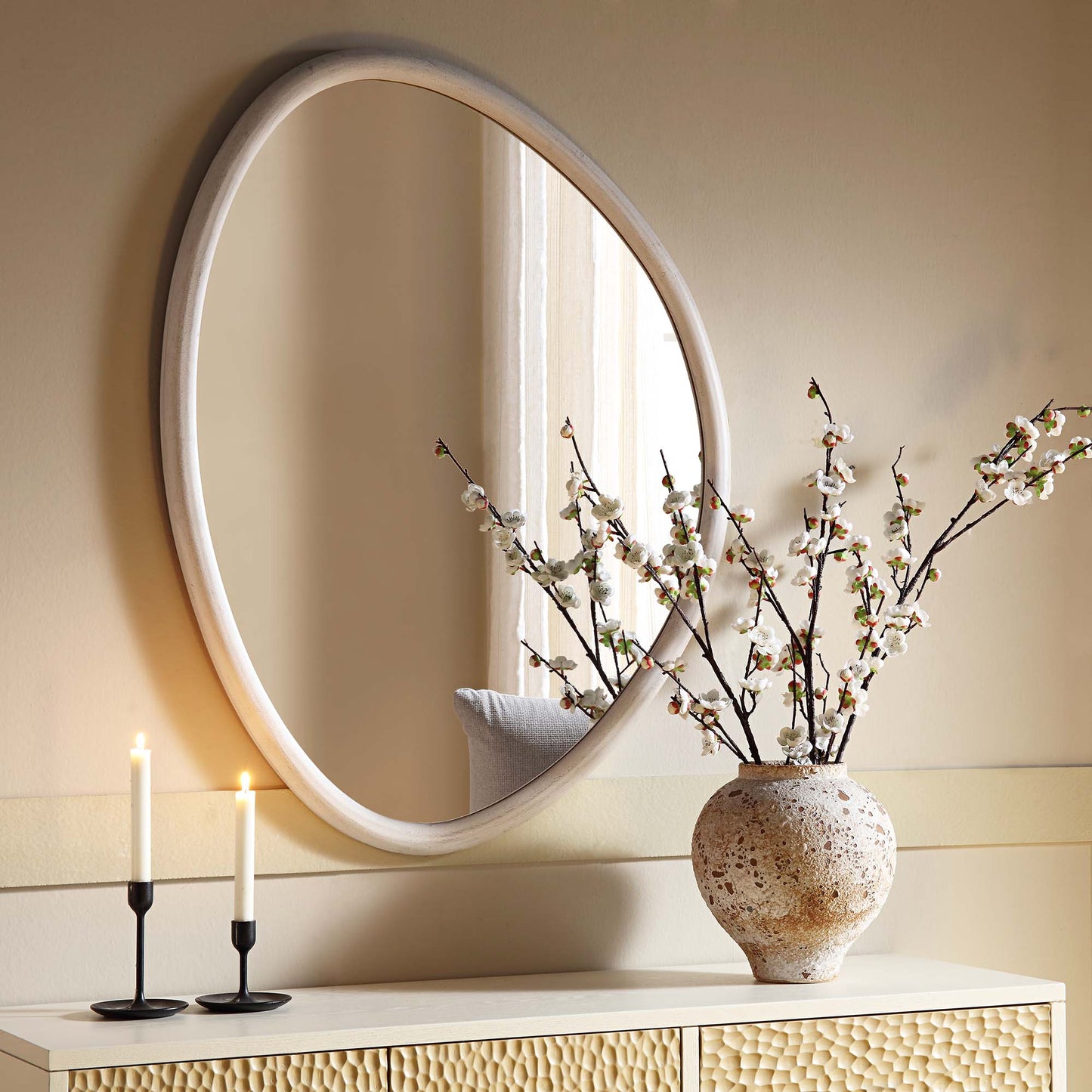 Edo Irregular Pebble Wall Wooden Mirror 100 x 76 cm, Washed White