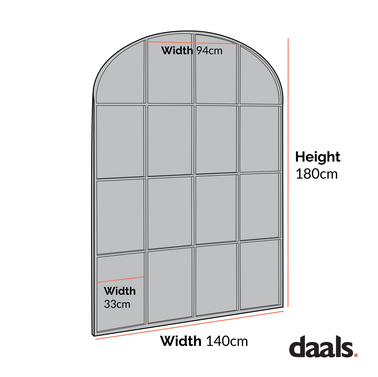 Portobello Arched Full Length Metal Frame Window Mirror 180 x 140 cm, Black