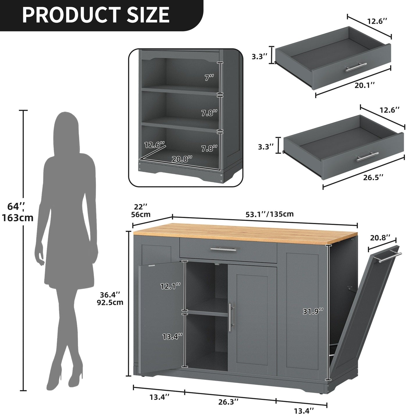 Moasis 53-inch Rolling Kitchen Island Storage Cabinet Portable Mobile Kitchen Cart