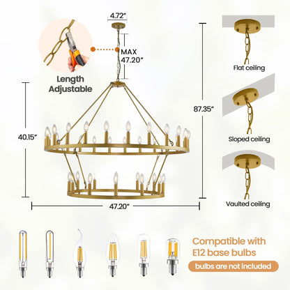 Modern Farmhouse Chandelier 2 Tier Round Wagon Wheel Chandelier Large High Ceiling Light.