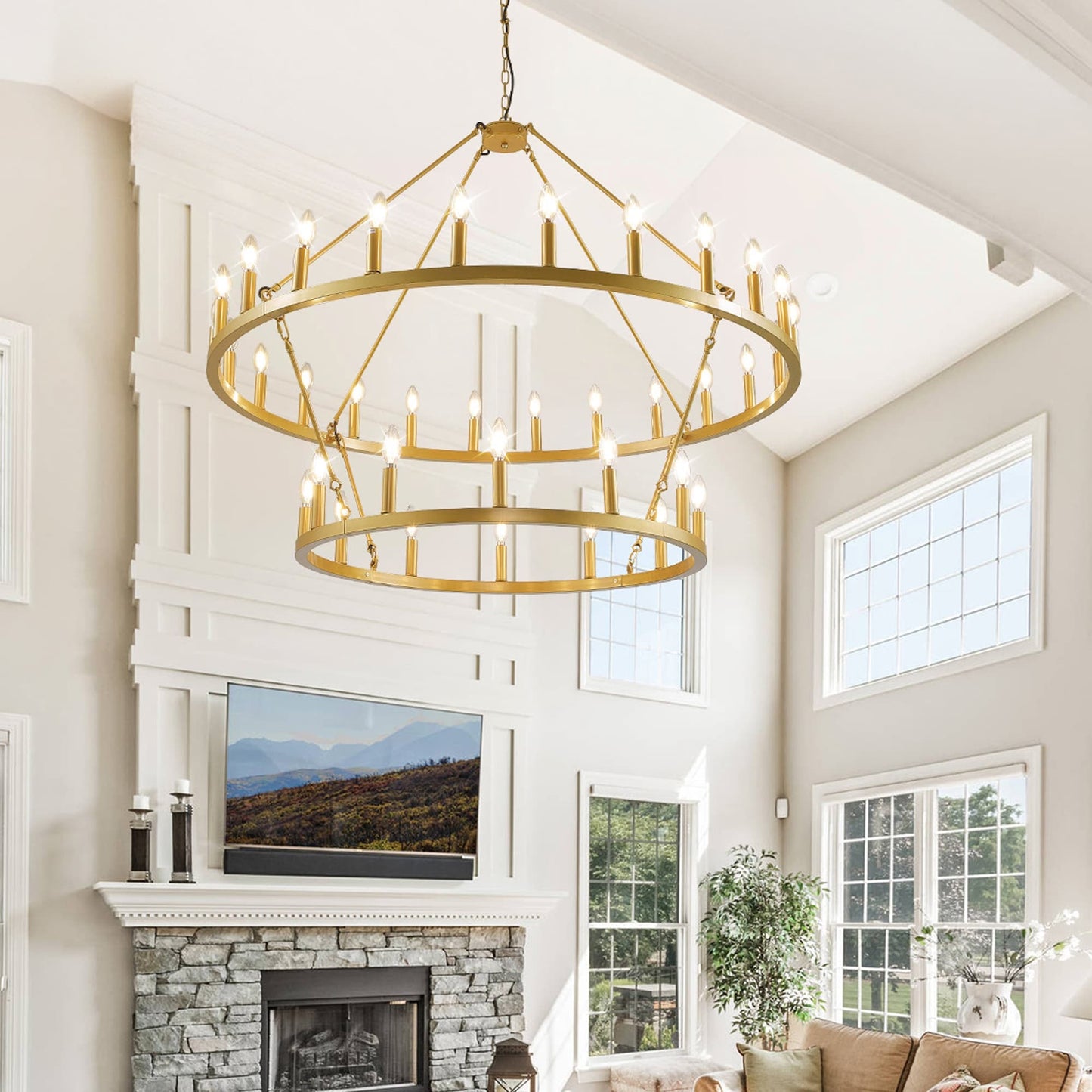 Modern Farmhouse Chandelier 2 Tier Round Wagon Wheel Chandelier Large High Ceiling Light.