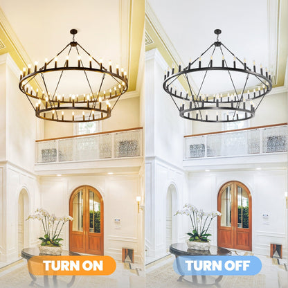 Modern Farmhouse Chandelier 2 Tier Round Wagon Wheel Chandelier Large High Ceiling Light.
