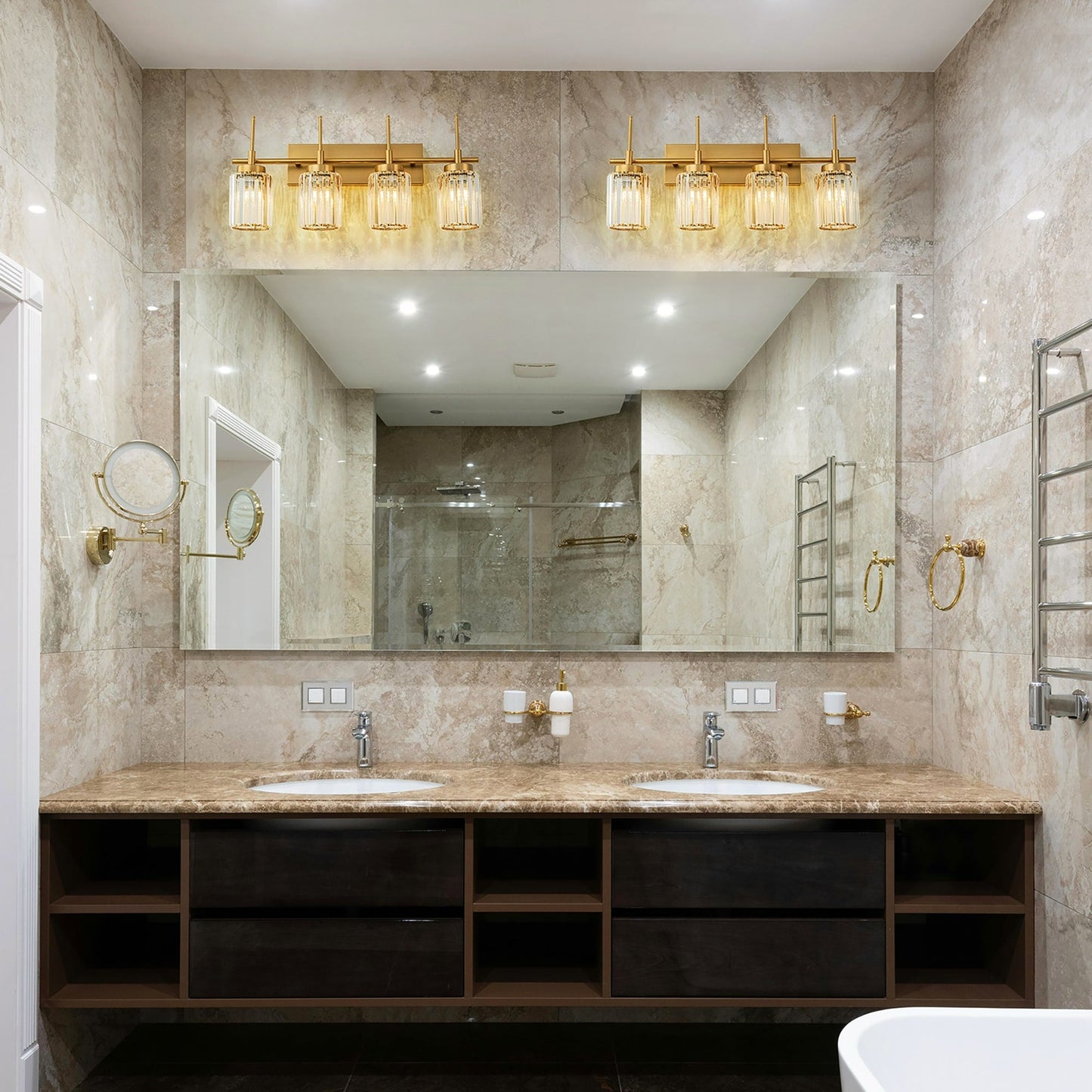 Modern Gold Dimmable Wall Light Glam Cylinder Bathroom Crystal Vanity Light Wall Sconces