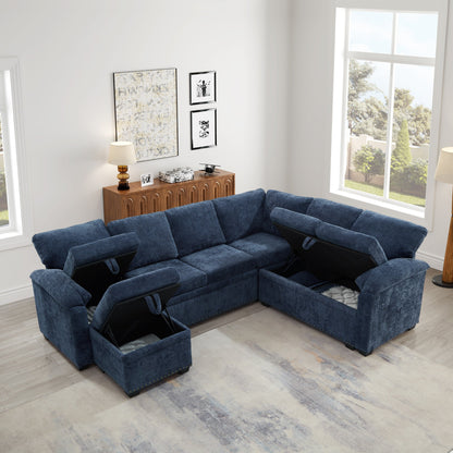 Modern L-Shaped Chenille Sectional Sofa with Pull-Out Sleeper, Storage Seats, Ottoman and 2 Pillows for Living Room