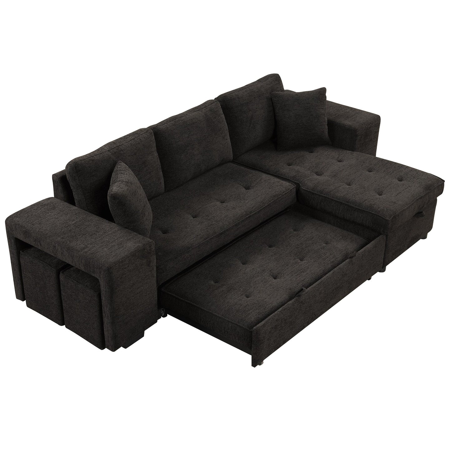 Modern L-Shaped Pull-Out Sectional Sofa Bed with Reversible Chaise, Storage and 2 Stools for Living Room Apartment