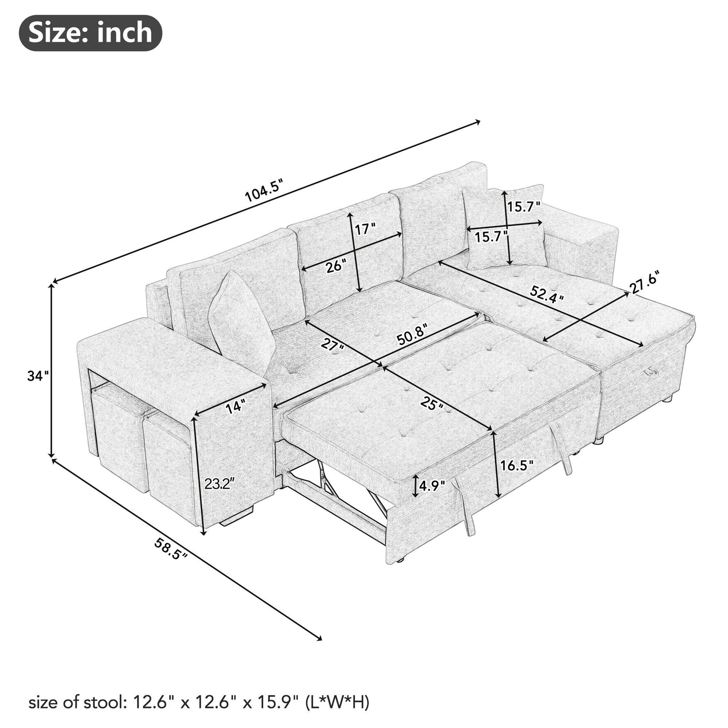 Modern L-Shaped Pull-Out Sectional Sofa Bed with Reversible Chaise, Storage and 2 Stools for Living Room Apartment