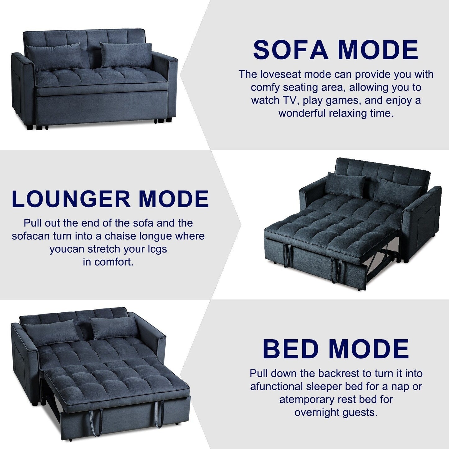 Modern Pull-Out Couch Bed, 3-in-1 Sleeper Sofa with Adjustable Backrest, Velvet Loveseat, Pillows & Side Pockets