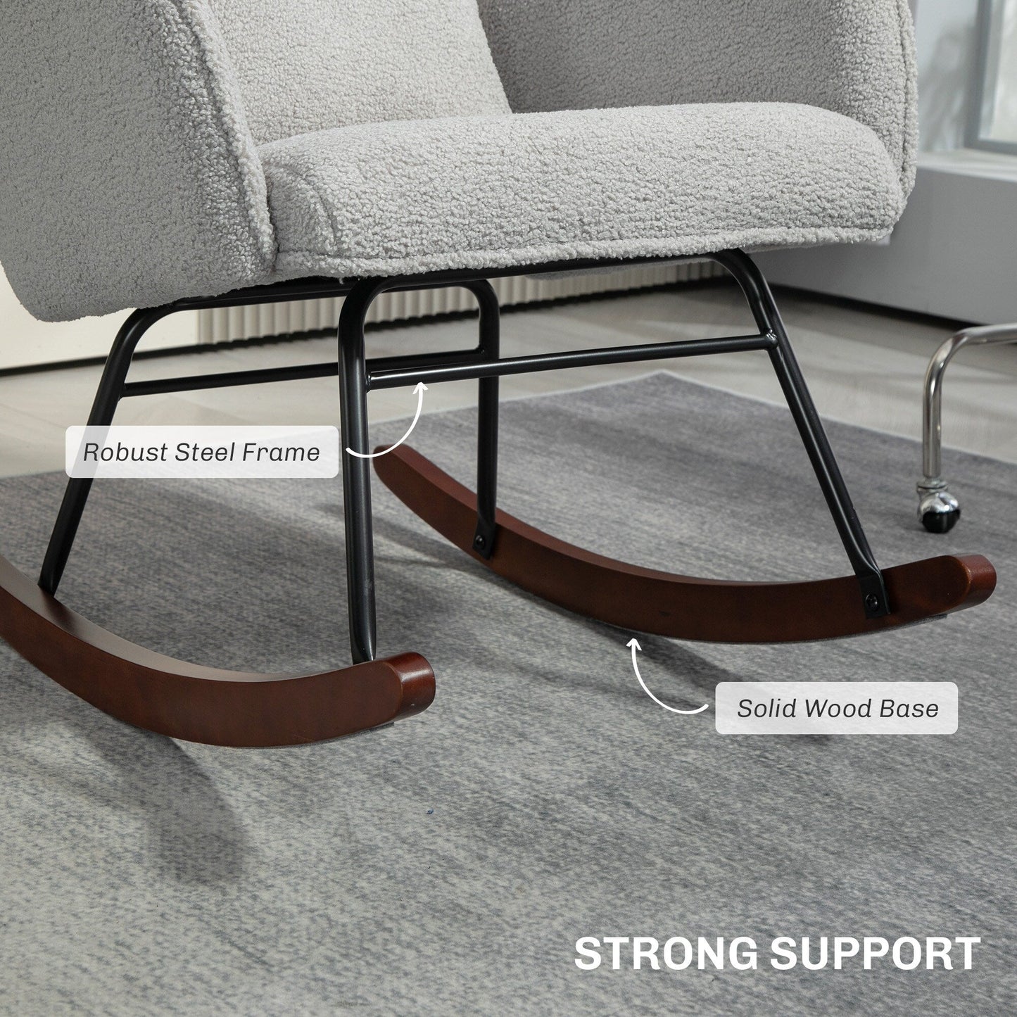 Modern Upholstered Rocking Nursery Glider Chair with High Backrest, Headrest and Lumbar Pillow for Living Room or Bedroom