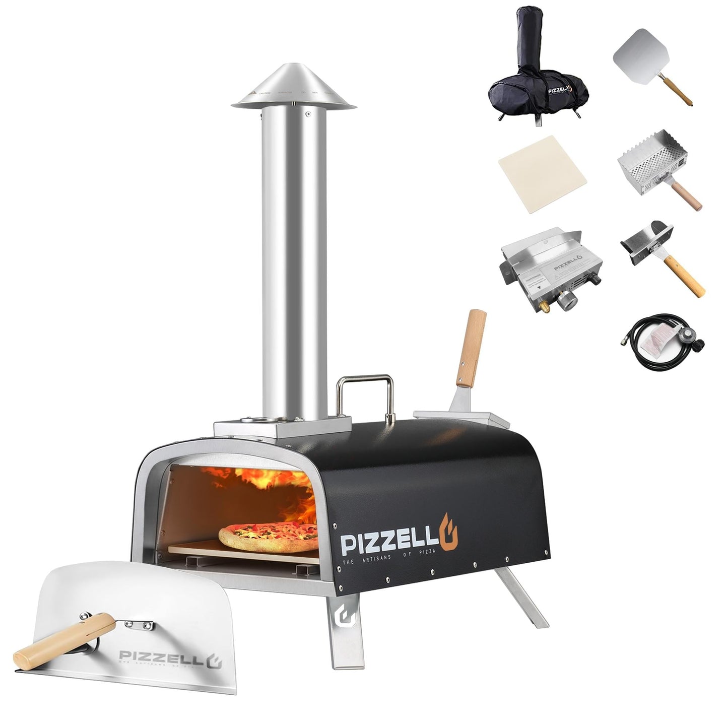 Multi-Fuel Outdoor Pizza Oven Stonebaked Pizza Maker with Gas Burner & Wood Box - 12 inch