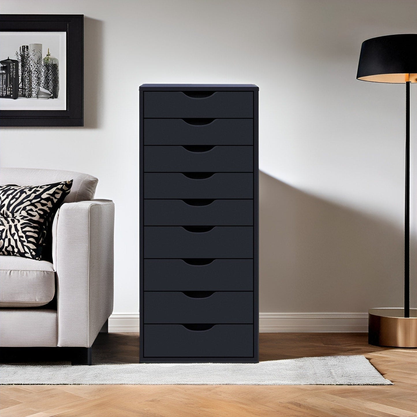 Narrow Wooden 9-Drawer Cabinet with Smooth-Glide Drawers and Top Storage Shelf