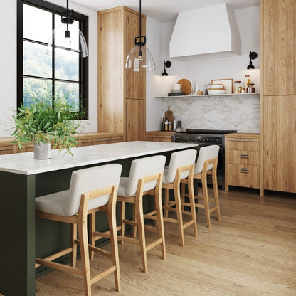 Gracie Modern Bar Stool, Boucle Upholstered Chair and Brushed Wooden Legs