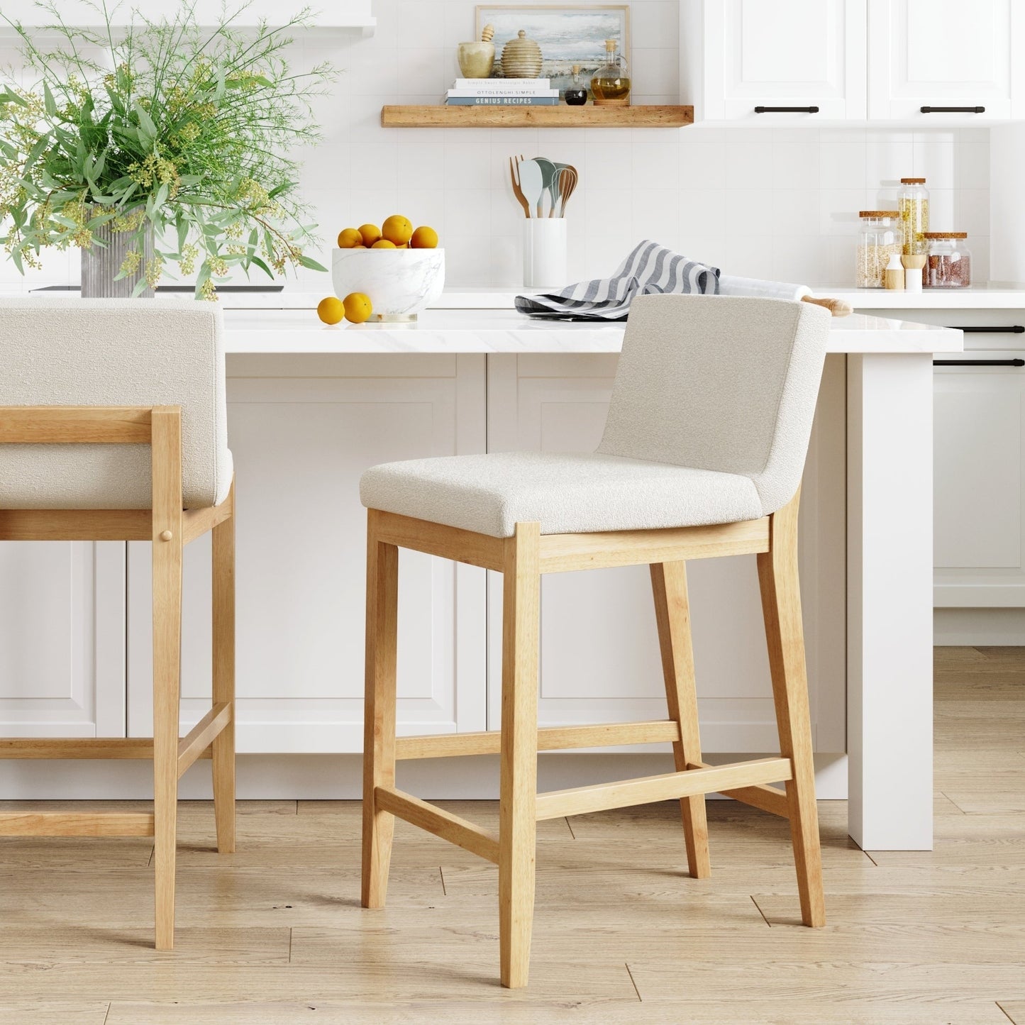 Gracie Modern Bar Stool, Boucle Upholstered Chair and Brushed Wooden Legs