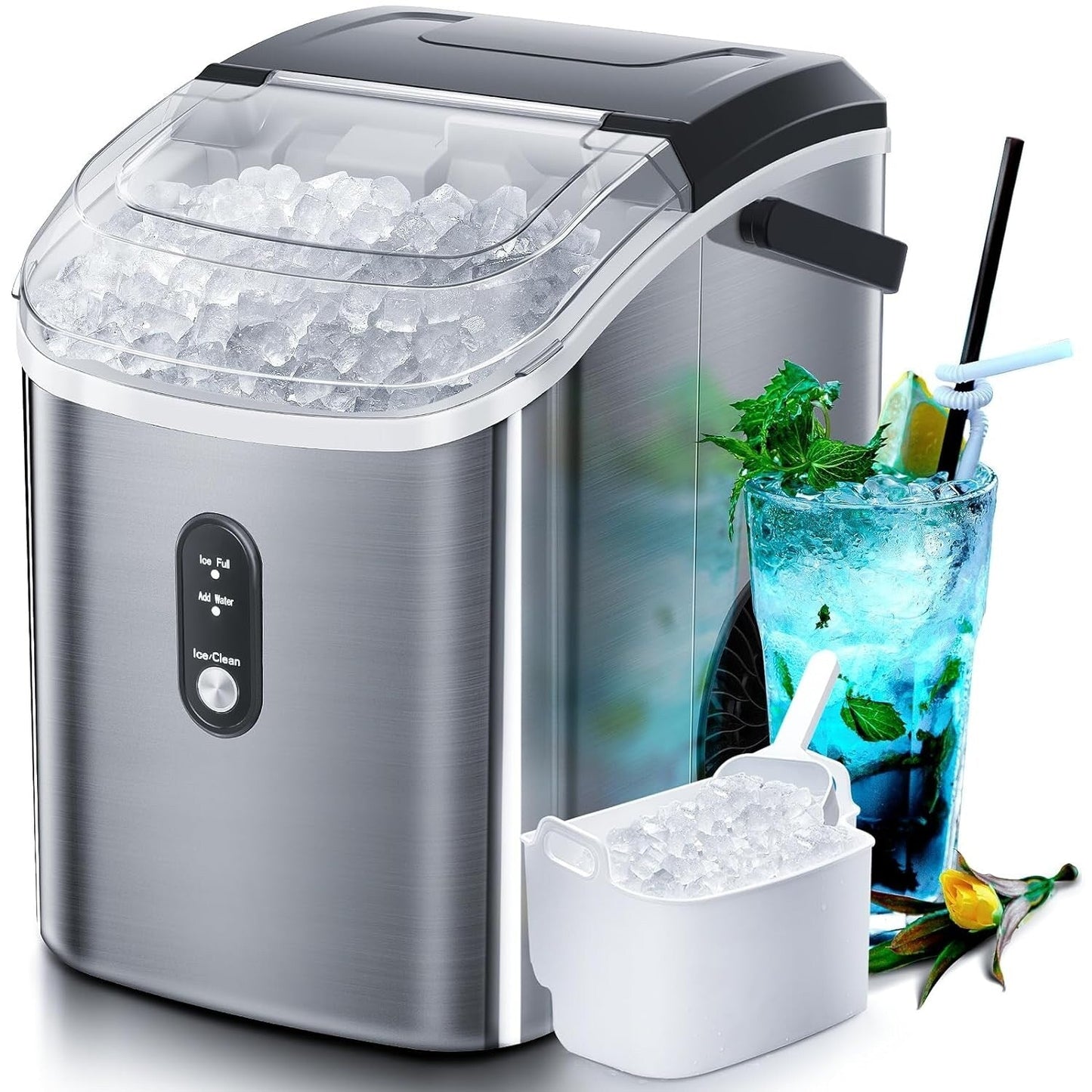 Nugget Ice Portable Countertop Ice Maker with Mechanical Buttons, Equipped with Ice Basket and Ice Scoop, Stainless Steel