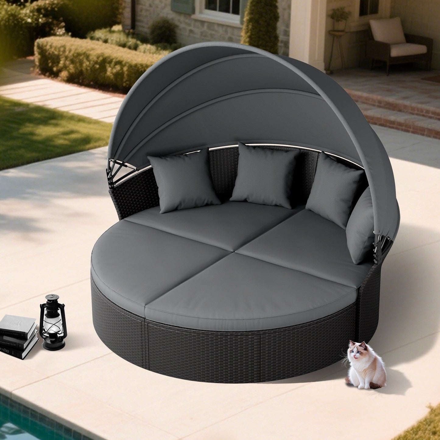 Nuon 4-piece Outdoor Black Wicker Patio Round Daybed Sectional Sofa Set with Retractable Canopy by Havenside Home