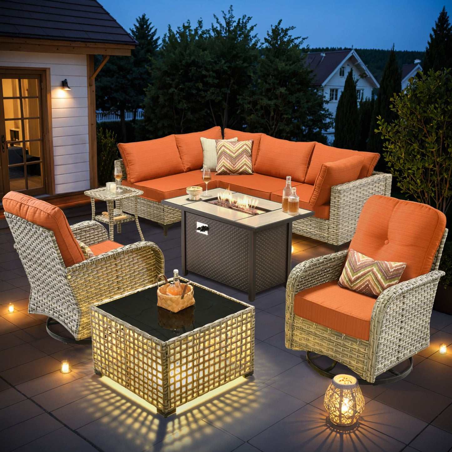 OVIOS 9 Pieces Outdoor Wicker Swivel Chair Set With Fire Table