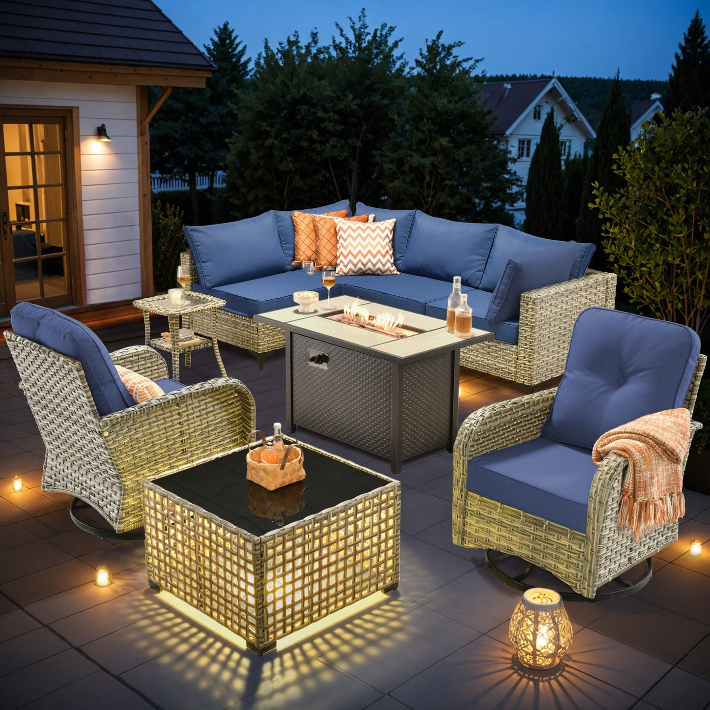 OVIOS 9 Pieces Outdoor Wicker Swivel Chair Set With Fire Table