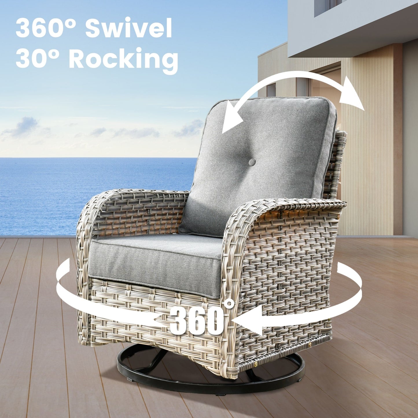 OVIOS 9 Pieces Outdoor Wicker Swivel Chair Set With Fire Table