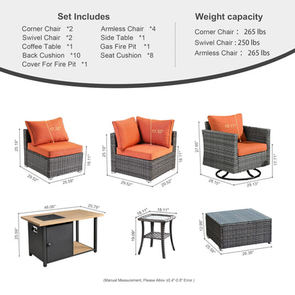 OVIOS Deep Seat Wicker 11-piece Sectional Set Swivel Chairs Fire Pit