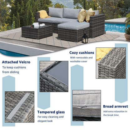 5-piece Outdoor Wicker Sectional Sofa Set with Cushions