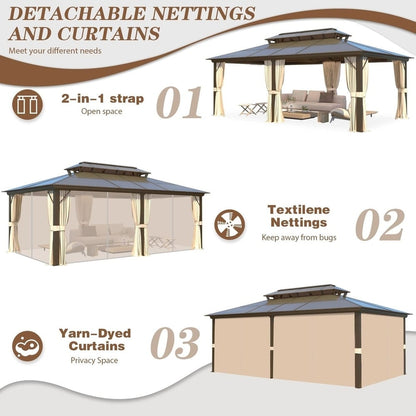 EROMMY Hardtop Gazebo,Outdoor Pergola with Double Roof & Netting & Curtains,Heavy Duty Canopy for Patio, Backyard, Pool party