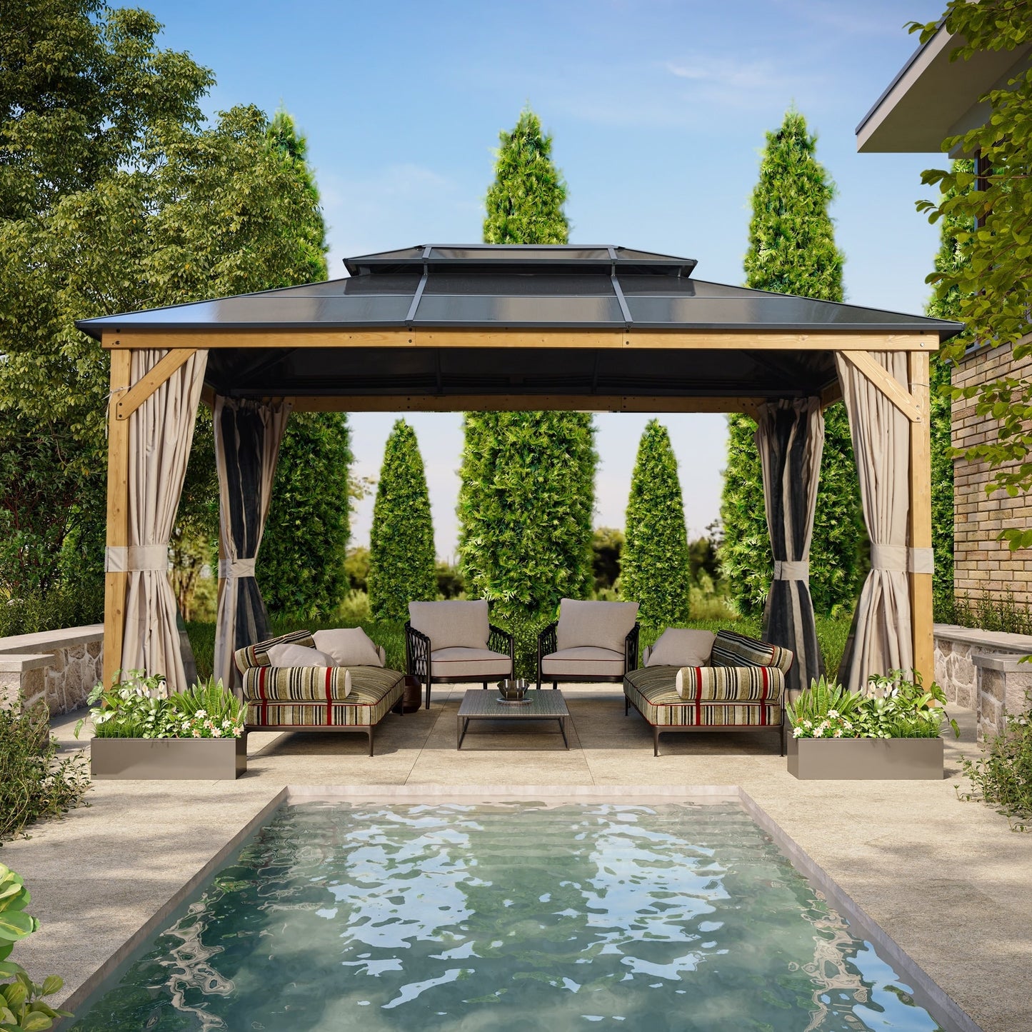 EROMMY Hardtop Gazebo,Outdoor Pergola with Double Roof & Netting & Curtains,Heavy Duty Canopy for Patio, Backyard, Pool party