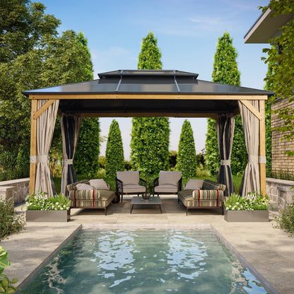 EROMMY Hardtop Gazebo,Outdoor Pergola with Double Roof & Netting & Curtains,Heavy Duty Canopy for Patio, Backyard, Pool party