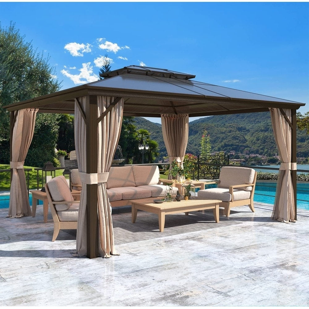 EROMMY Hardtop Gazebo,Outdoor Pergola with Double Roof & Netting & Curtains,Heavy Duty Canopy for Patio, Backyard, Pool party