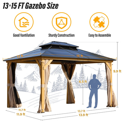 EROMMY Hardtop Gazebo,Outdoor Pergola with Double Roof & Netting & Curtains,Heavy Duty Canopy for Patio, Backyard, Pool party