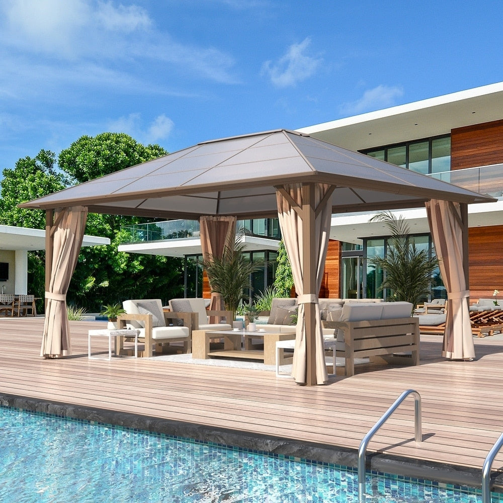 Hardtop Gazebo for Backyard – Permanent Pergola with Netting, Curtains & Double Roof, All-Weather Outdoor Shelter