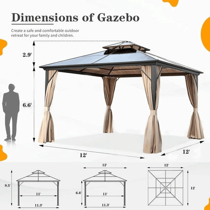 Hardtop Gazebo for Backyard – Permanent Pergola with Netting, Curtains & Double Roof, All-Weather Outdoor Shelter