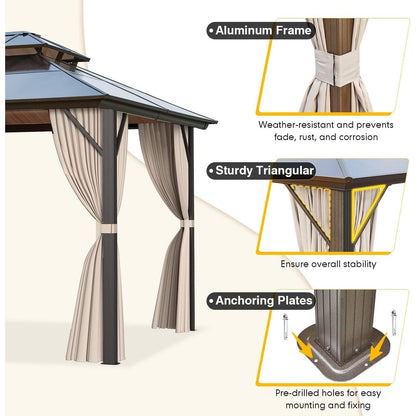 Hardtop Gazebo for Backyard – Permanent Pergola with Netting, Curtains & Double Roof, All-Weather Outdoor Shelter