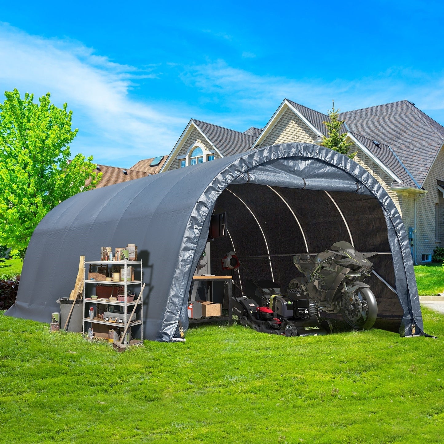 Outdoor Storage Shed and Carport Canopy: Portable Shelter for Bikes, Motorcycles, and Garden Storage