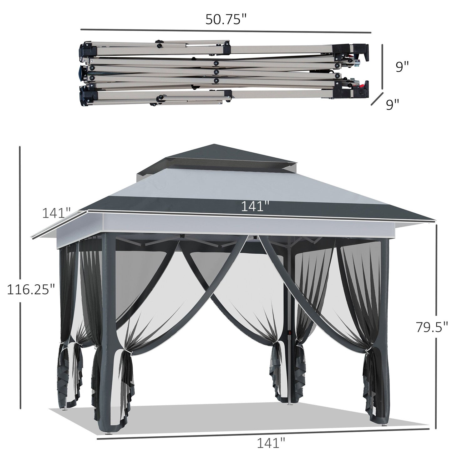Outsunny 12' x 12' Pop Up Canopy Sun Shade Instant Tent Folding with Mesh Sidewall Netting, 3-Level Adjustable Height