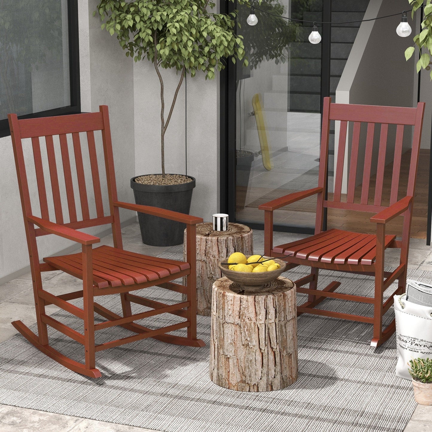 Outsunny 2 PCs Wooden Rocking Chair Set, Outdoor Rocker Chairs with Curved Armrests, High Back