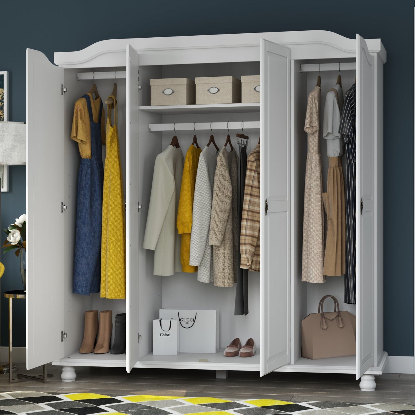 Palace Imports 100% Solid Wood Kyle 4-Door Wardrobe Armoire with Solid Wood or Mirrored Doors