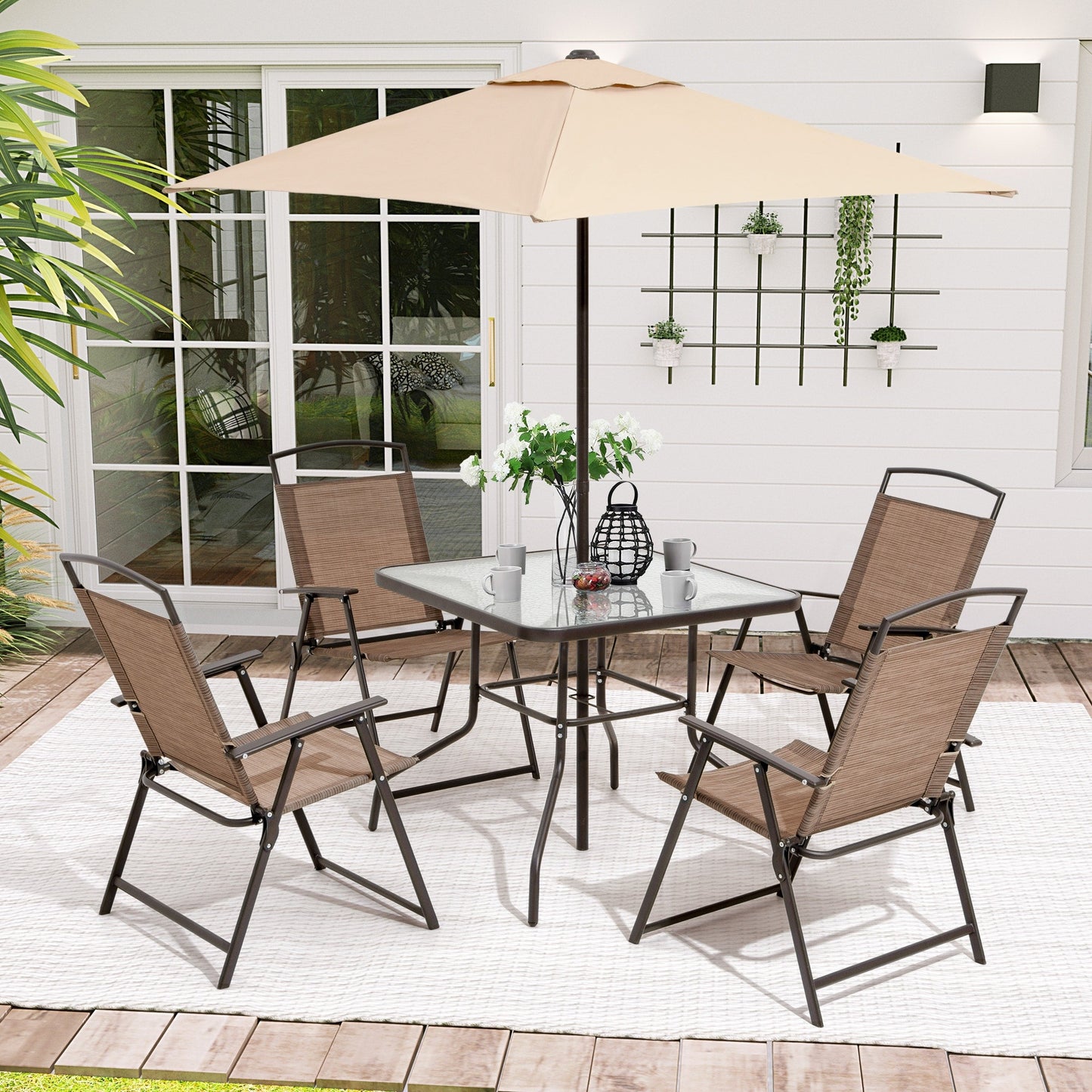 Pellebant 6 Piece Patio Set with Table, Umbrella and 4 Folding Chairs - 22.4Wx26.8Dx34.4H