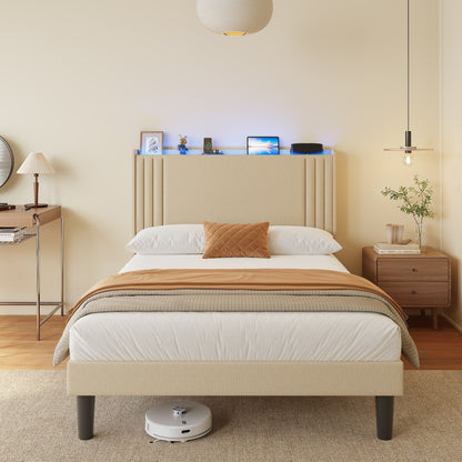 Queen/ Full Vertical Channels Upholstered Bed with Wingback Headboard