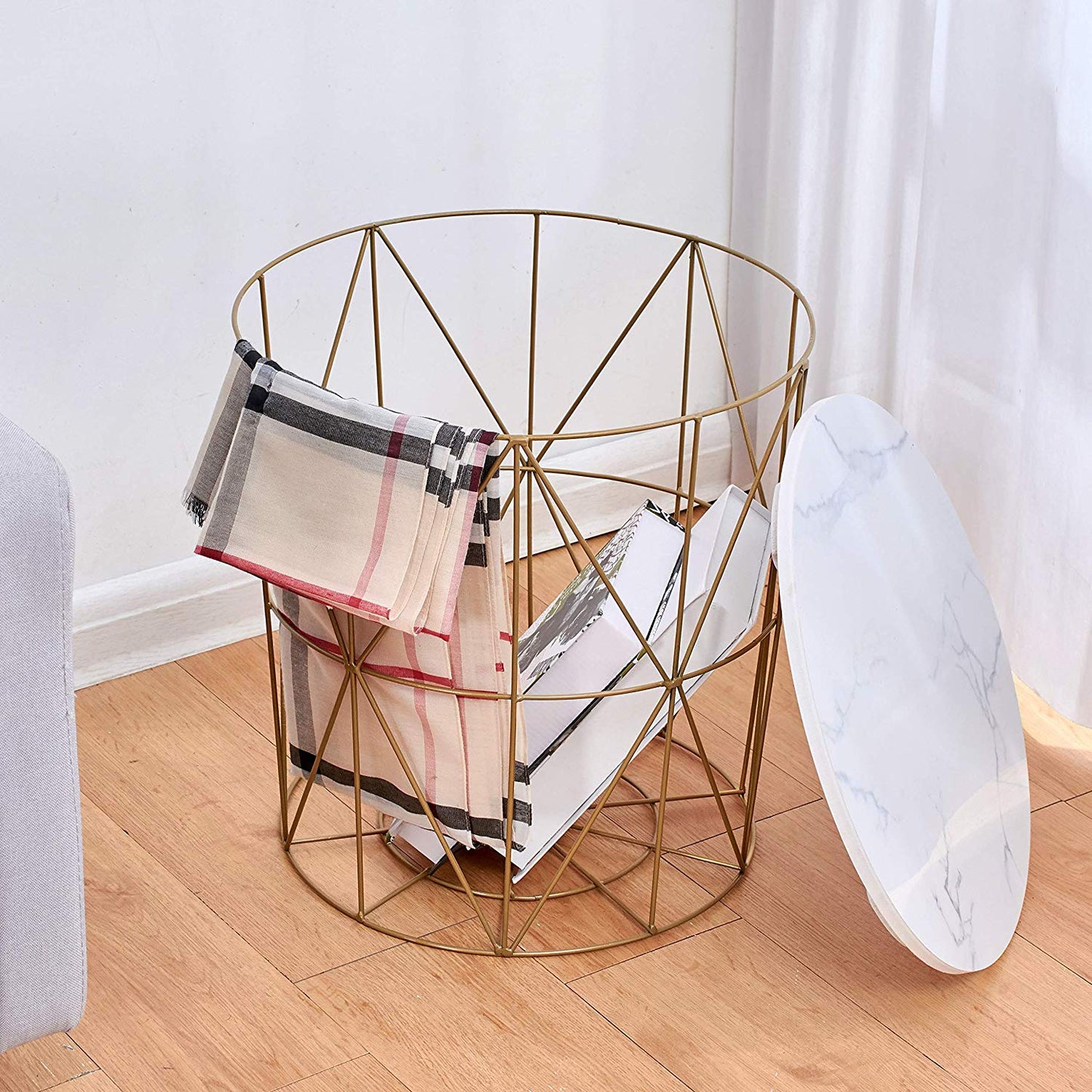 Koram Marble Effect Top Basket Side Table Golden Geometric Wire Frame End Table