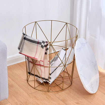 Koram Marble Effect Top Basket Side Table Golden Geometric Wire Frame End Table