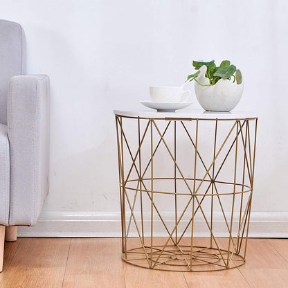 Koram Marble Effect Top Basket Side Table Golden Geometric Wire Frame End Table
