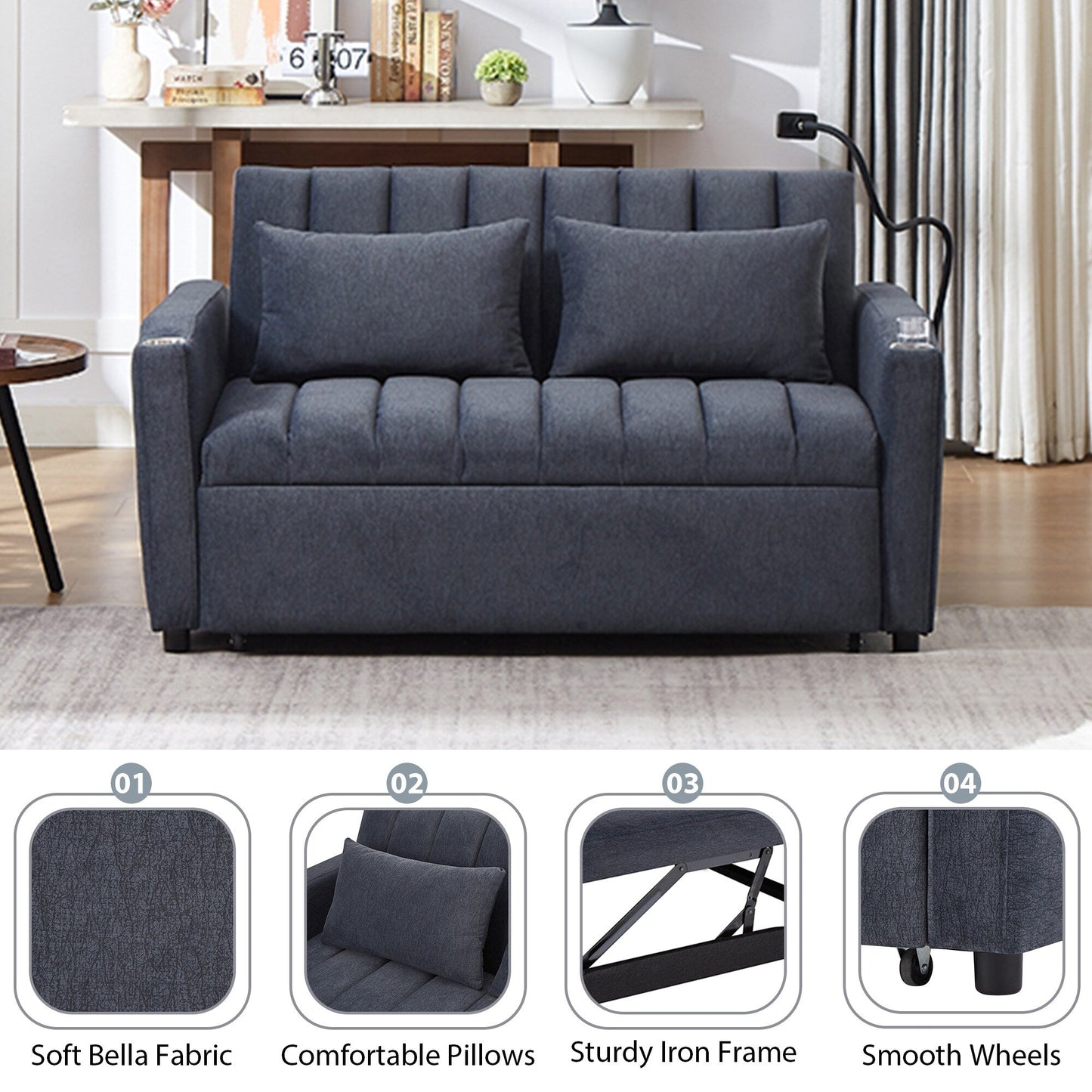 Roomfitters Convertible Loveseat Sofa Bed with USB Ports, Side Pockets, Cup Holders, and Swivel Phone Holder for Living Room