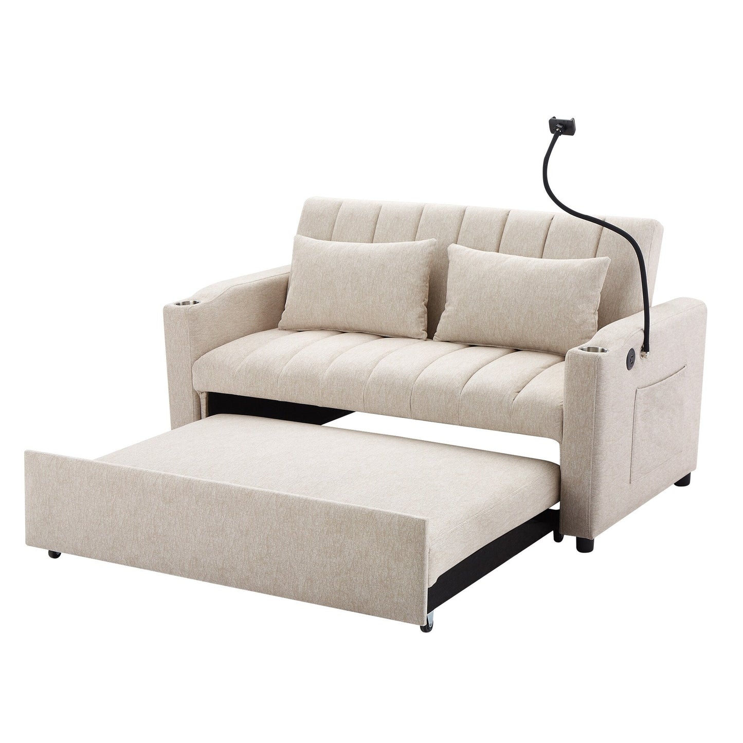 Roomfitters Convertible Loveseat Sofa Bed with USB Ports, Side Pockets, Cup Holders, and Swivel Phone Holder for Living Room