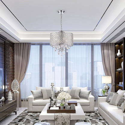 Round Beaded Drum Chandelier with Hanging Crystals