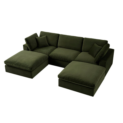 Lutyens Moss Green Velvet Modular Sofa, 5-Piece U-Shape Set