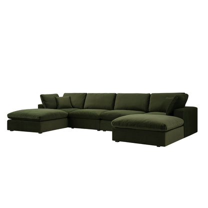 Lutyens Moss Green Velvet Modular Sofa, 6-Piece U-Shape Set