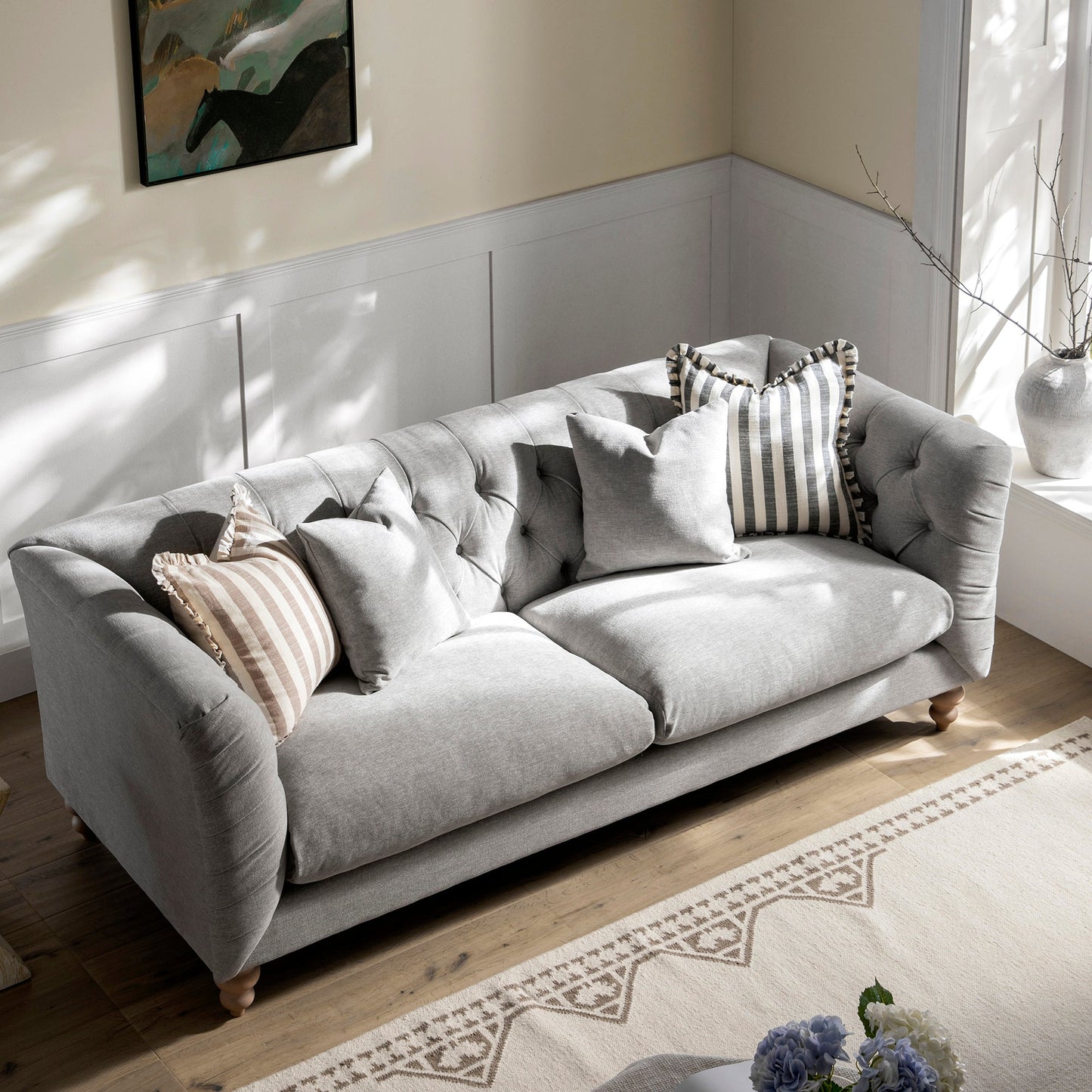 Ashby Chesterfield Large 3-Seater Sofa, Mist Grey Chenille