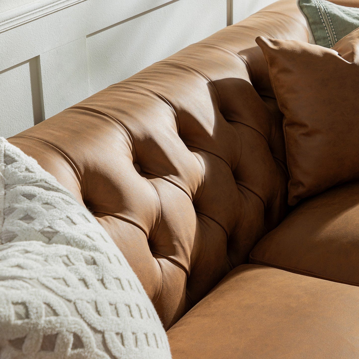 Ashby Chesterfield Large 3-Seater Sofa, Tan Faux Leather