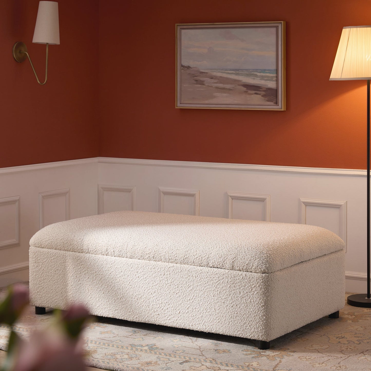 Magda Fold-Out Small Double Bed in an Ottoman, Beige Boucle