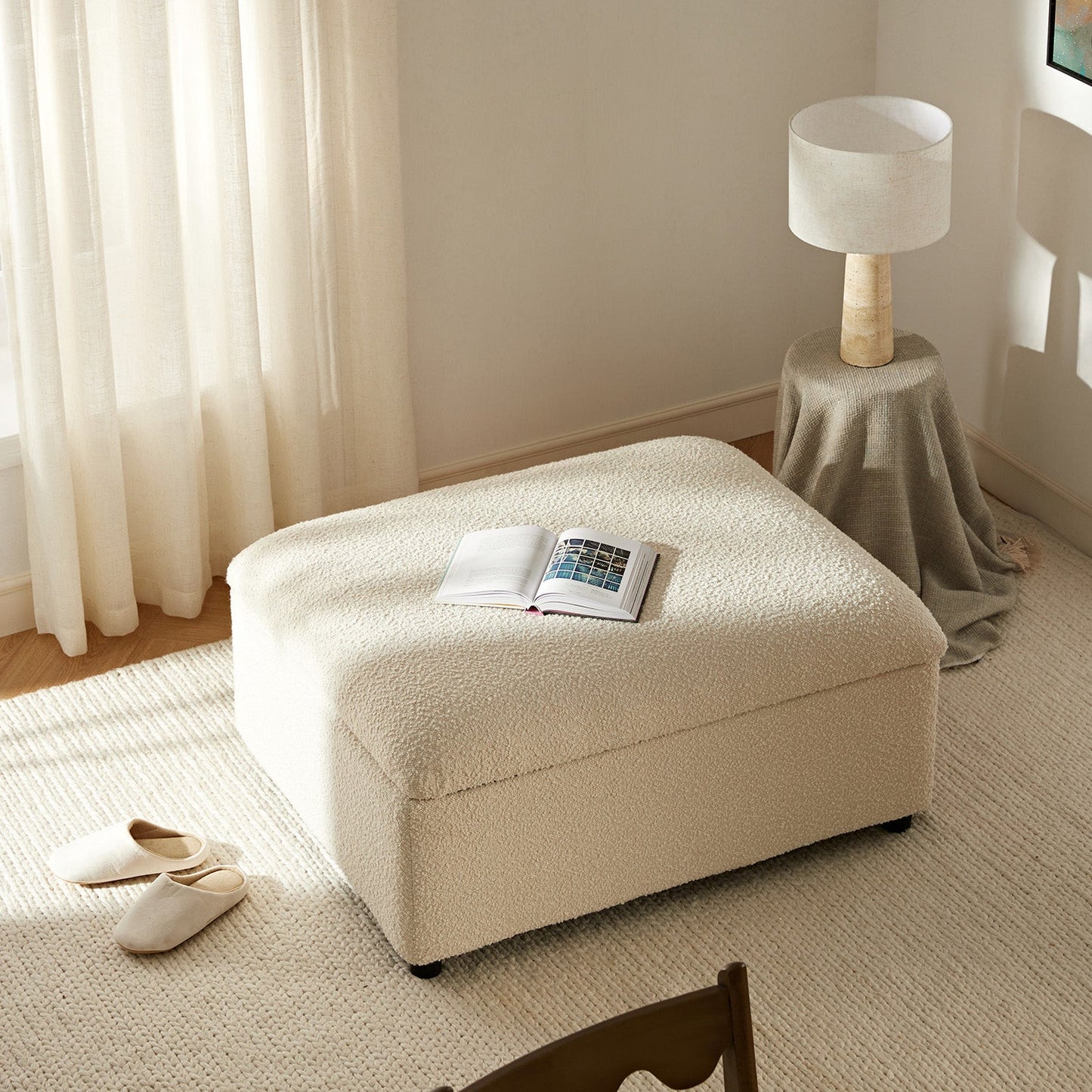 Magda Fold-Out Single Bed in an Ottoman, Beige Boucle